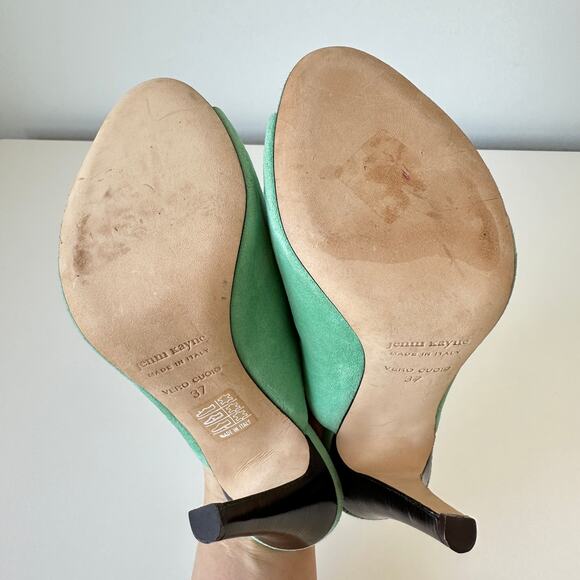 Jenni Kayne Green Suede Peep Toe Mule Heels Size 37 - Picture 11 of 14